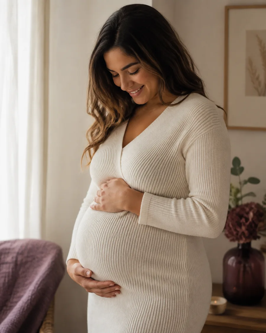 Gestante com vestido claro, olhando para a barriga em um ambiente iluminado pela janela